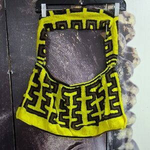 Yellow and Brown Geometric Knit Bag